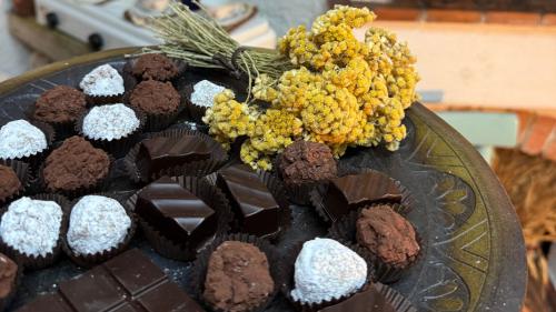 Chocolates made with typical Sardinian herbs and aromas in a chocolate shop in Laconi