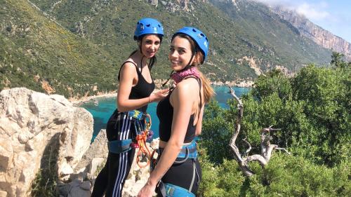 Girls and panorama with turquoise sea duration nature excursion