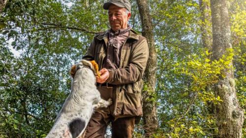 Cercatore di tartufi che gioca con il cagnolino nei boschi di Laconi