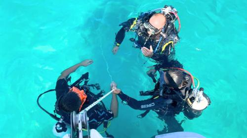 Menschen vor dem Sprung ins kristallklare Wasser in Cagliari