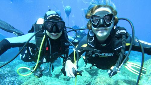 Two people diving in the rocky seabed of the Gulf of Cagliari