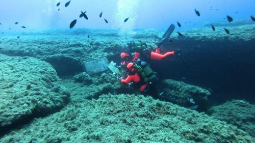 Scuba divers exploring a rocky seabed in the Gulf of Cagliari