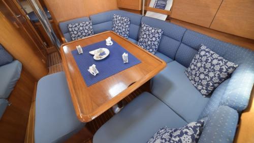 Interior lounge of the sailing boat while sailing in the La Maddalena archipelago