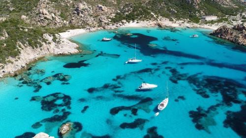 Aerial view of the crystal clear sea of the La Maddalena archipelago 