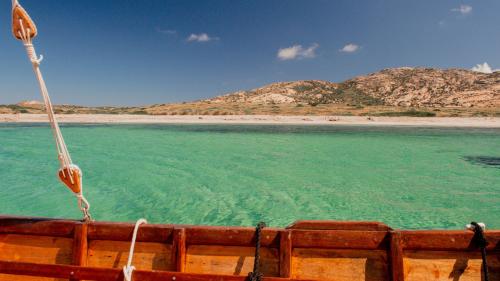 Die Landschaft von Asinara im Hintergrund vom Boot aus gesehen während der Tour