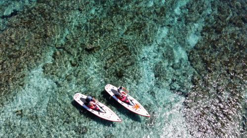 Vélos aquatiques vus d'en haut dans les eaux de la Pelosa