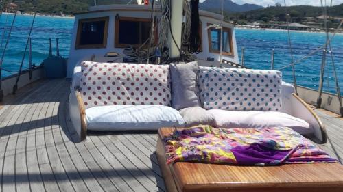 Couches aboard the vintage sailing ship