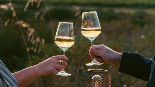 Due persone brindano con il vino della tenuta a Castelsardo nel nord-ovest della Sardegna