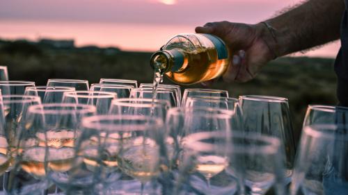 Persona mentre riempie i bicchieri con il vino bianco della tenuta a Castelsardo