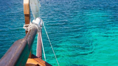 Sailing ship stops in the azure waters of Asinara island